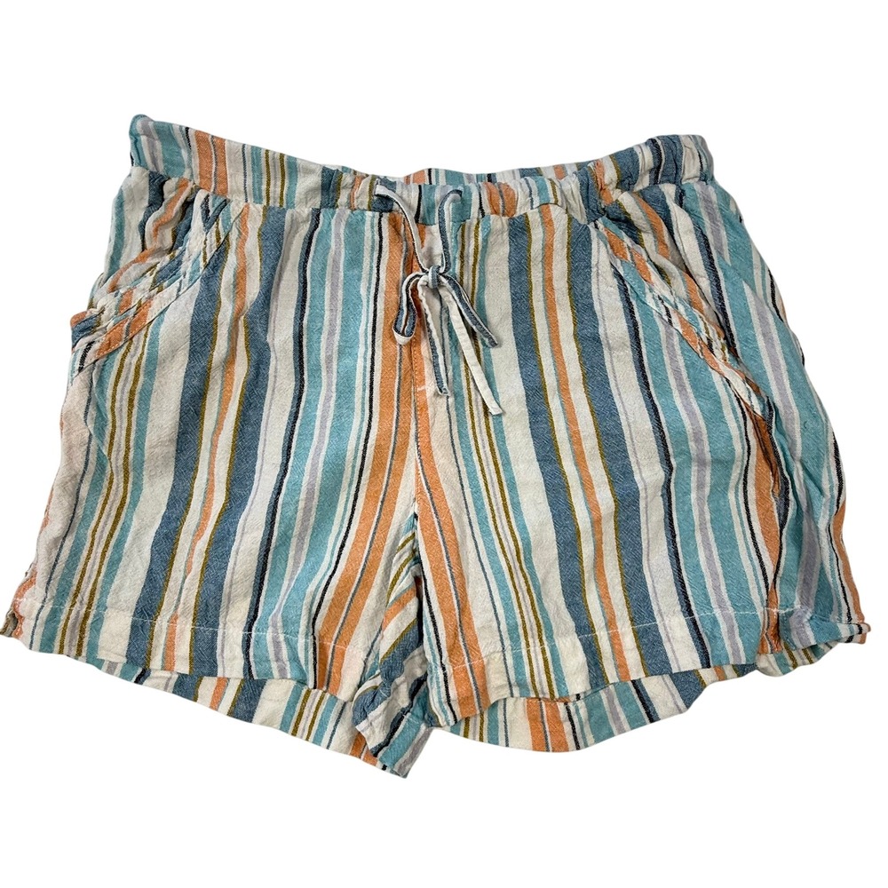 Briggs Womens Linen Blend Striped Shorts Blue Orange White Drawstring Size M